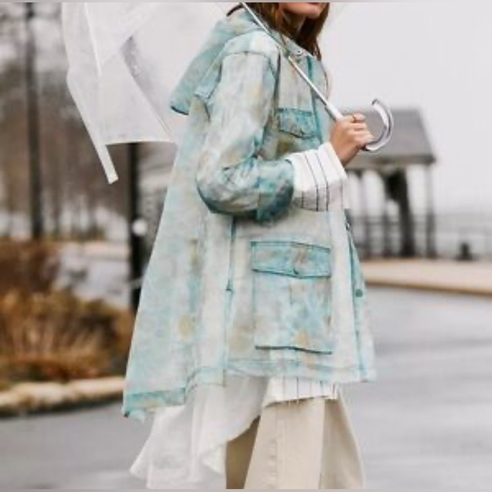 Free People Festival Teal and Yellow Floral Oversized Raincoat EUC Size XS - Picture 2 of 9